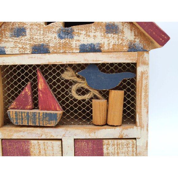 Recipe Box Wooden House Shabby Chic Beach Drawers Open Hinged Vintage 9.75 Inch - Picture 7 of 16